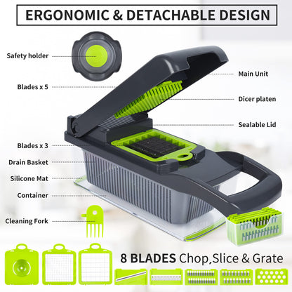 Vegetable Chopper Mandoline Slicer,Veggie Chopper, Multifunctional 10 in 1 Food Choppers, Kitchen Vegetable Slicer Dicer Cutter,Onion Mincer,Cheese,Colander Basket,Kitchen Gadgets (Gray/Green)