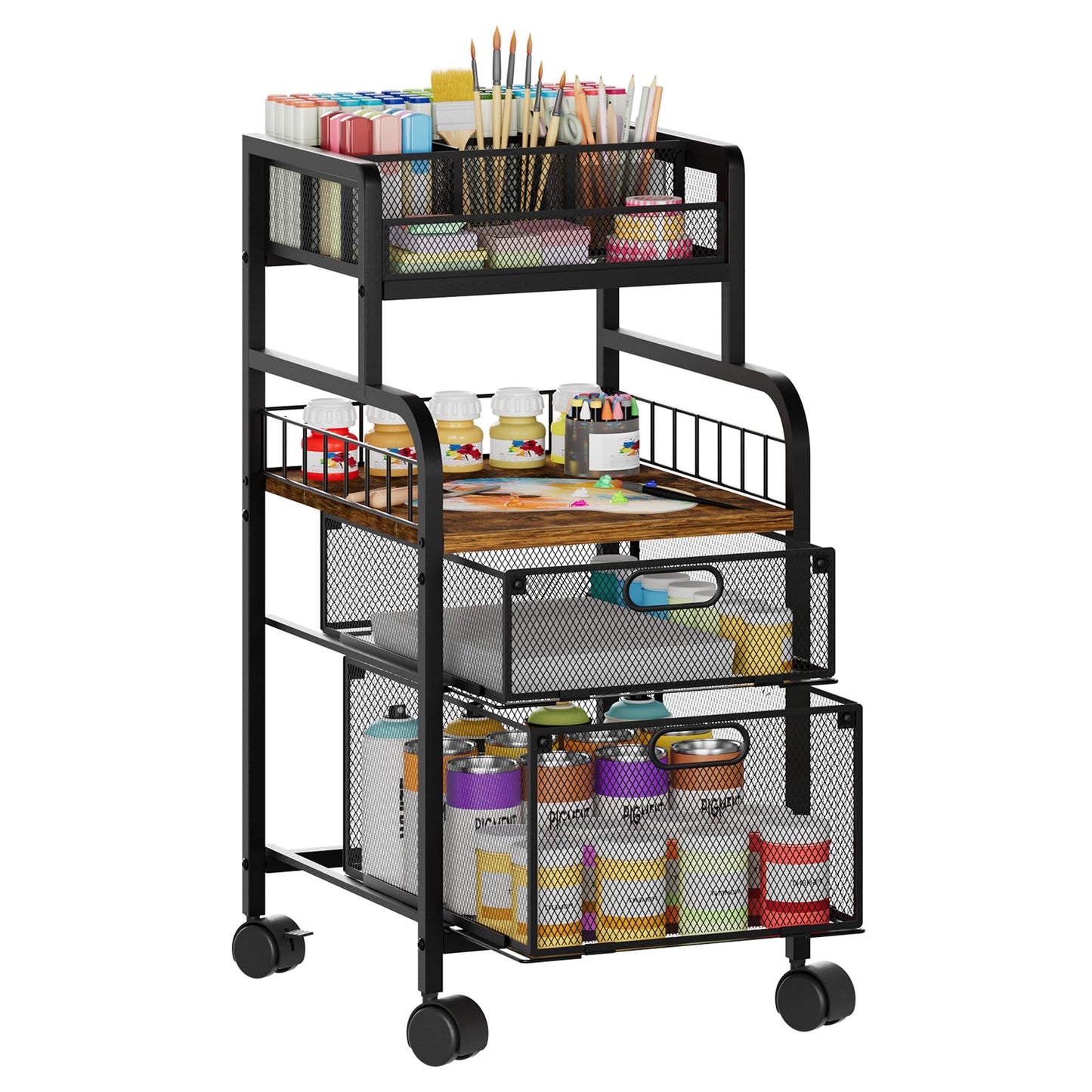 SWTYMIKI Rolling Cart with Drawers - Metal Craft Cart with Wheels, DIY Divider and Wood Shelf, Art Supply Organizer for Under Desk Storage, Utility Storage Cart for Home Office Studio, Espresso