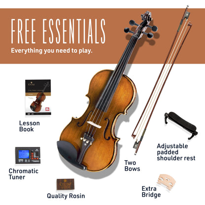 Cecilio Violin 4/4 Full Size Kit Hand Oil Rub Highly Flamed 1-Piece Back Solidwood Violin with D'Addario Prelude Strings, Size 4/4 (Full Size)