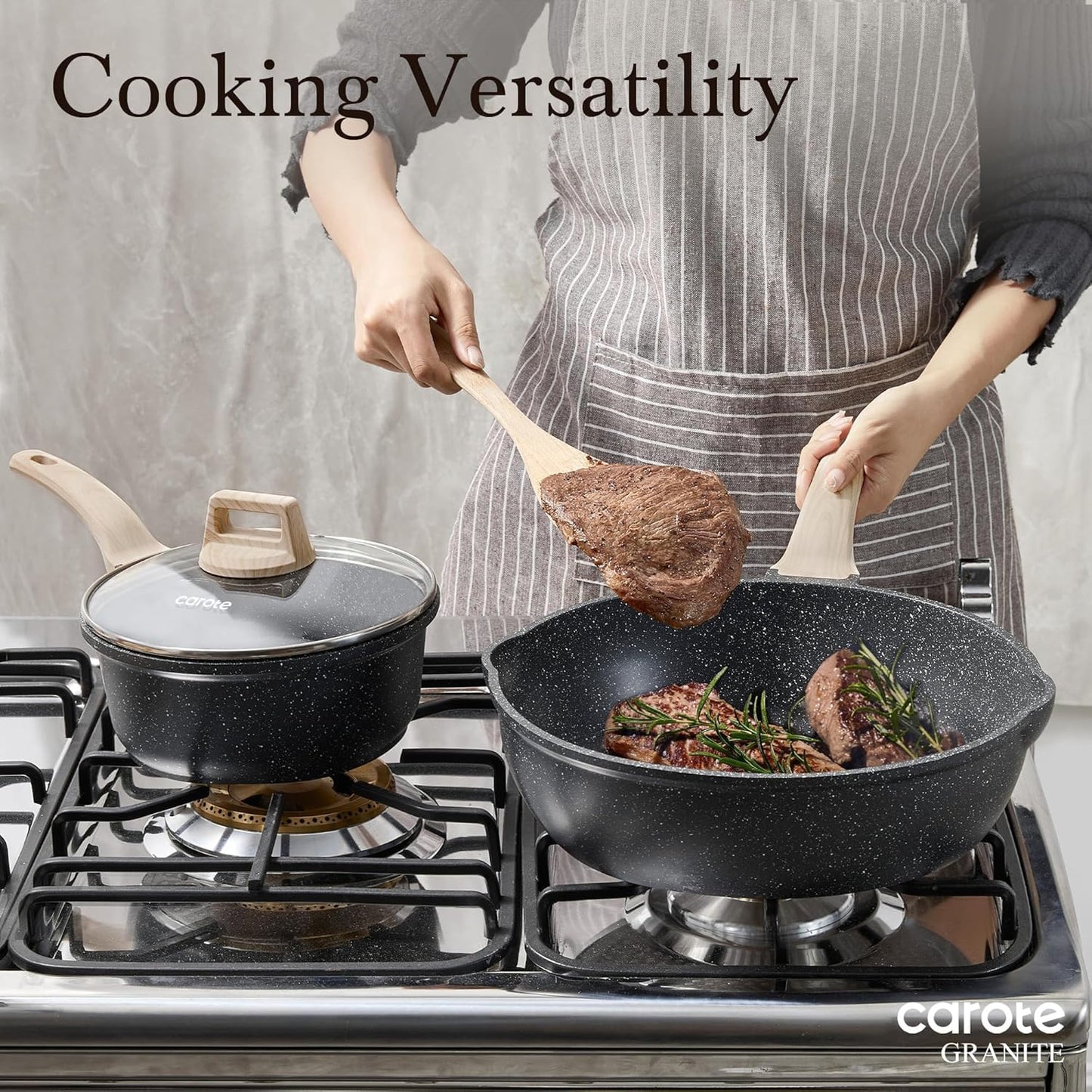 CAROTE 10Inch Nonstick Deep Frying Pan with Lid, 4.5 Qt Jumbo Cooker Saute Pan with Pour Spout, Skillet Induction Cookware, Non Stick Cooking Pan PFOA Free, Classic Granite