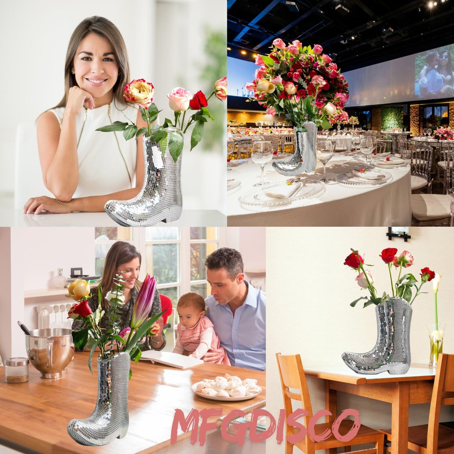 Handcrafted Disco Cowboy Boot Vase, Ceramic & Santiago Disco Ball Modern Western Flower Vase, 9.5inch Santiago Disco Cowboy Boot Home Decor, Unique Gift for Housewarming