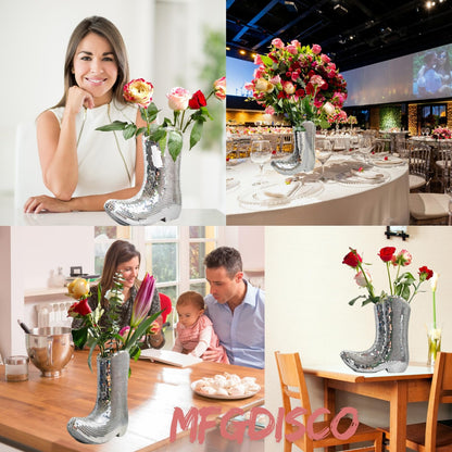 Handcrafted Disco Cowboy Boot Vase, Ceramic & Santiago Disco Ball Modern Western Flower Vase, 9.5inch Santiago Disco Cowboy Boot Home Decor, Unique Gift for Housewarming