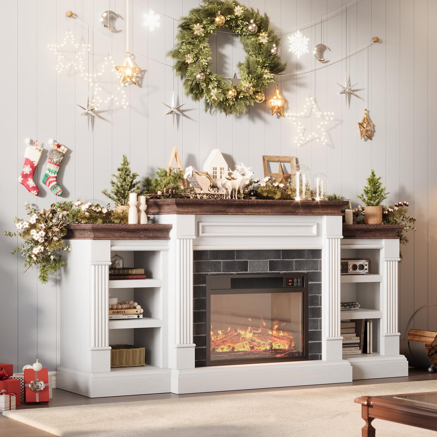 GarveeLife 71 Inch Electric Fireplace with Mantel, Fireplace TV Stand for TVs Up to 80 Inch, Modern Entertainment Center with Storage, Stacked Stone Surround with Remote Control 3D Flame, White