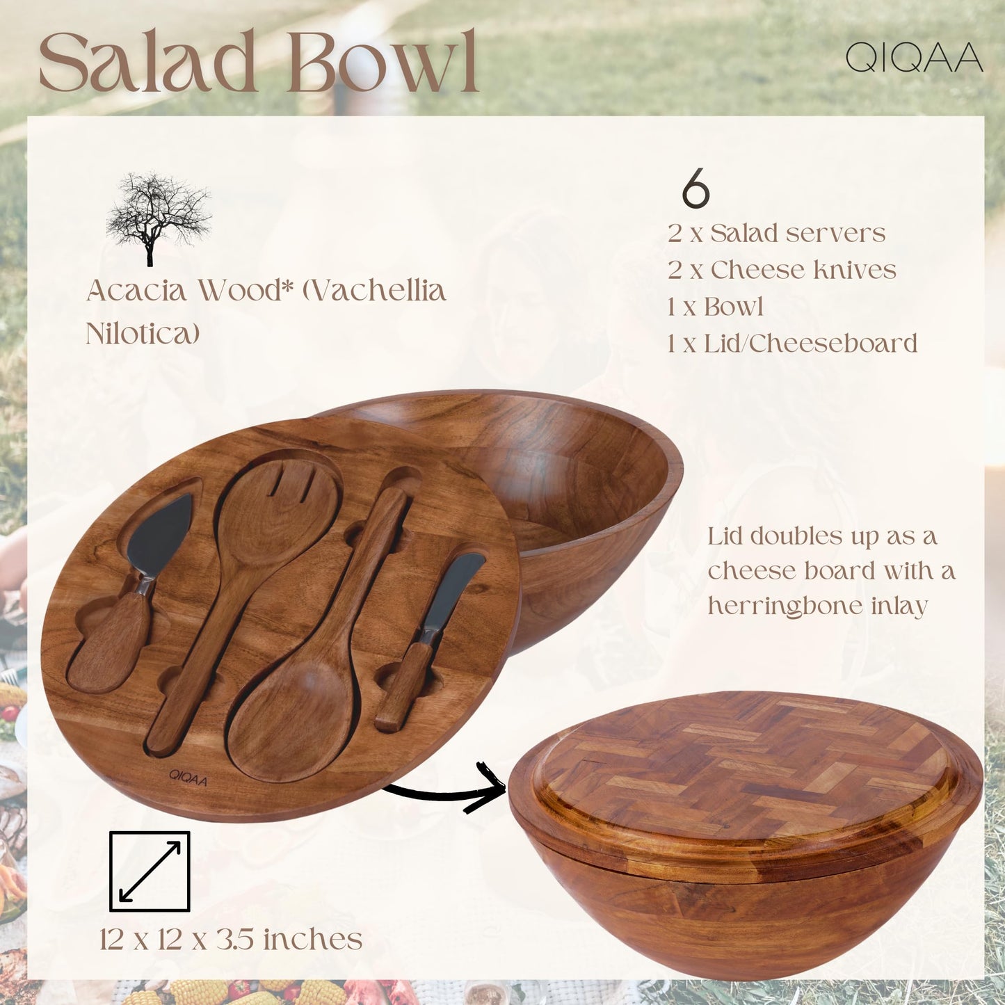 Beautiful Salad Bowl 12x12x4.75" Wood Bowl with Herringbone Inlay Lid, Salad Servers, and Cheese Knives Salad Bowls with Lids Wooden salad bowl with serving utensils |Designed in USA Handmade in India
