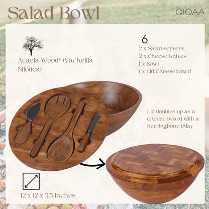 Beautiful Salad Bowl 12x12x4.75" Wood Bowl with Herringbone Inlay Lid, Salad Servers, and Cheese Knives Salad Bowls with Lids Wooden salad bowl with serving utensils |Designed in USA Handmade in India