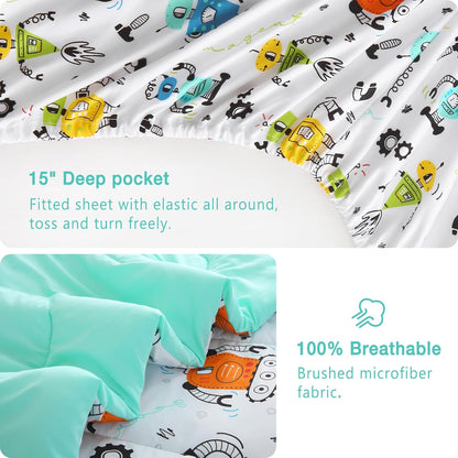 Sets 6 Set Set Mooreeke Twin Size Comforter for Boys Kids, Pieces Bed in a Bag White Robot Bedding Comforter Sheet
