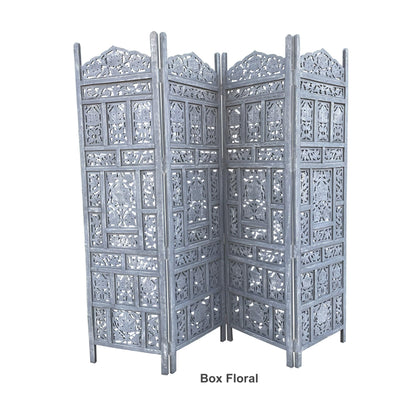 Hand Crafted 4-Panel Wood Divider, Multi-Panel Privacy Screen (Box Floral)