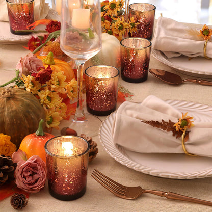 Volens Burgundy Votive Candle Holders Set of 12, Speckles Mercury Glass Tealight Candle Holder Bulk for Table Wedding Centerpiece, Burgundy and Gold Themed Party Decorative & Home Decor