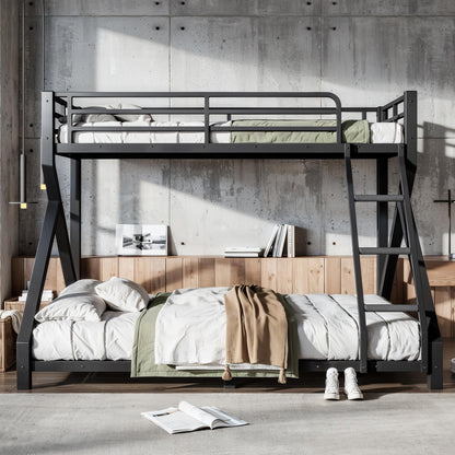 Bellemave Twin XL Over Queen Bunk Bed Frame with Noise Reduced Design, Low Profile Bunk Bed with Ladder and Fence, Heavy Buty Bunk Beds for Adults, Teens