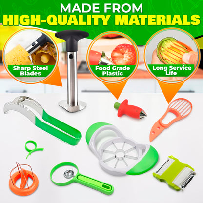 9 Pcs Pineapple Corer and Slicer Set – Sturdy, Sharp & Easy to Clean Pineapple Slicer Tool with Fruit Corer, Slicers and Peelers – Works for Apples, Melons, Avocados, Citrus, Berries, Bananas & More