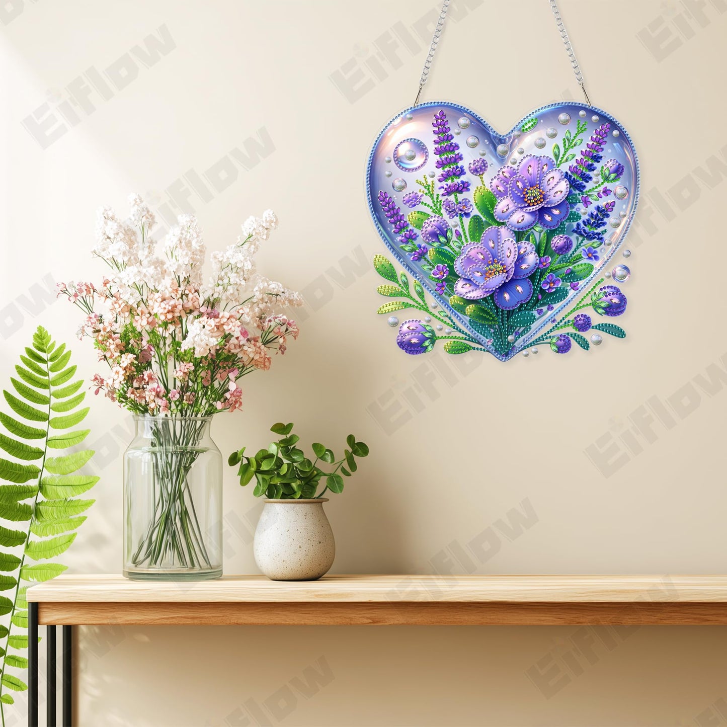 Eiflow Acrylic Diamond Art Hanging Kit for Adults, DIY Diamonds Painting Door Hanger Board Kit, Special Crystal Diamond Art Painting Pendant Ornament (Purple Flower)