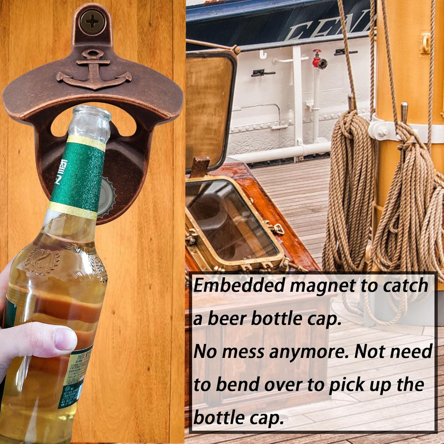 Nautical Wall Mounted Bottle Opener with Magnets, Antique Copper Magnetic Anchor Beer Cap Opener (Pack of 3)