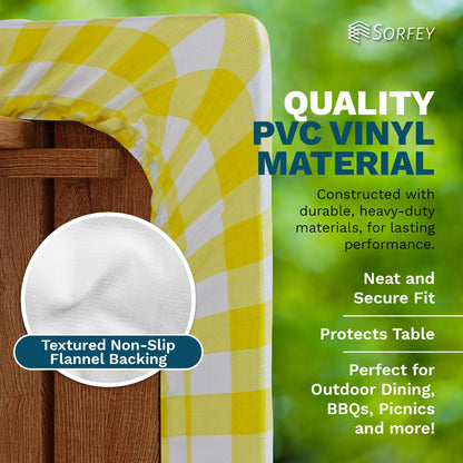 Sorfey Picnic Table Cover with Bench Covers -Fitted with Elastic, Vinyl with Flannel Back, Fits for Table 30"x 72" Rectangle,Water Proof, Checked red Design