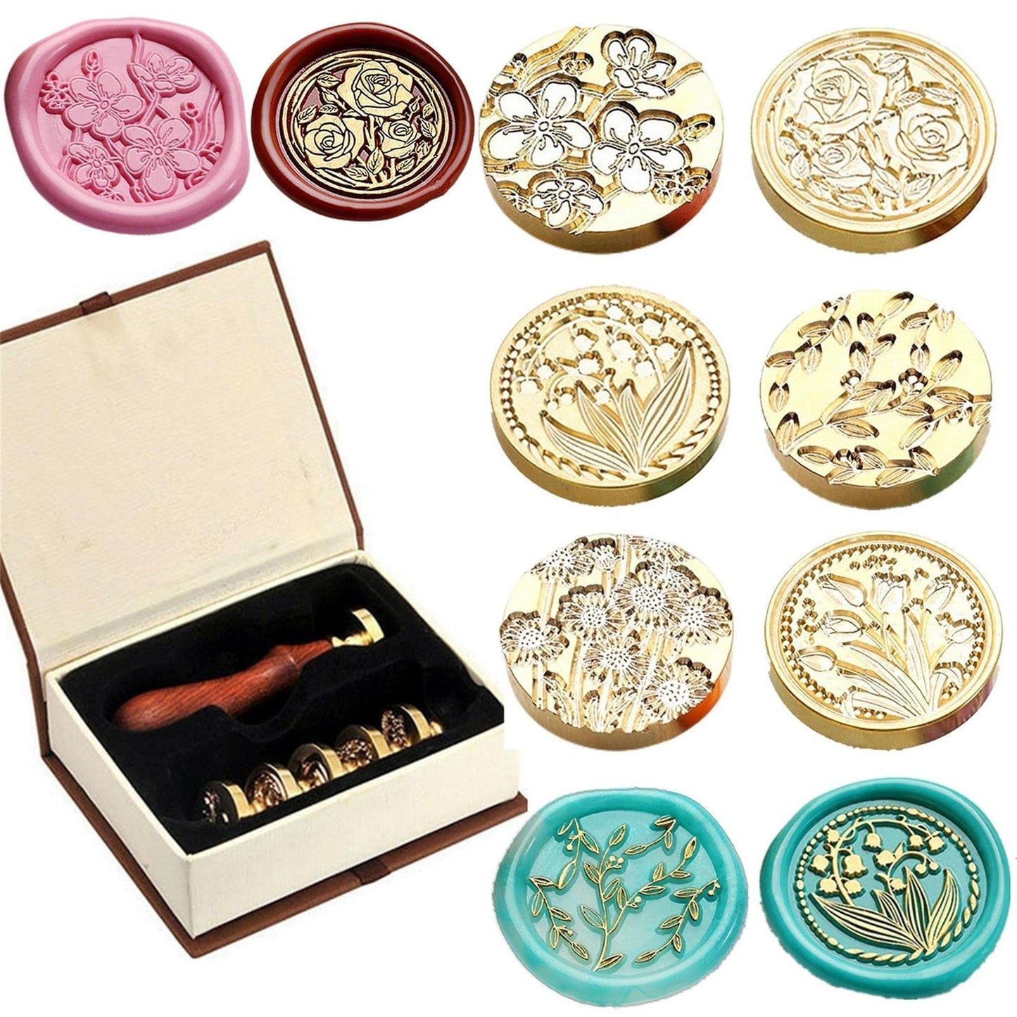 JUPPE 6pcs Flower Wax Seal Stamp Set, Cherry Blossom Rose Bell Orchid Branches Tulip Various Flowers Sealing Wax Stamp for Wedding Invitation, Envelopes, Party, Birthday, Christmas Card, Gift Wrap