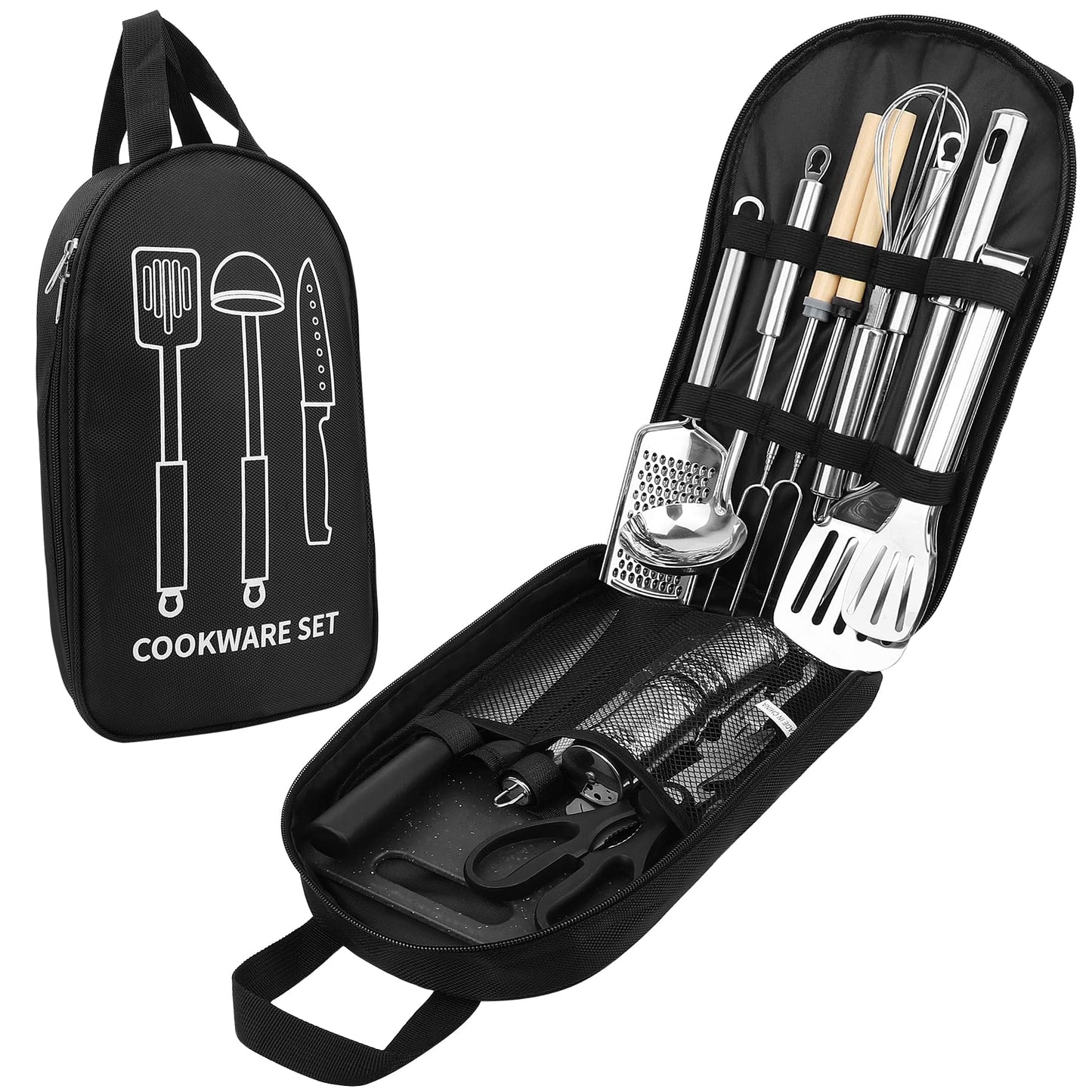 Camping Cooking Utensils Set, Stainless Steel Grill Tools, Camping BBQ Cookware Gear and Equipment for Travel Tenting RV Van Picnic Portable Kitchen Essentials Accessories (Black-16 PCS)