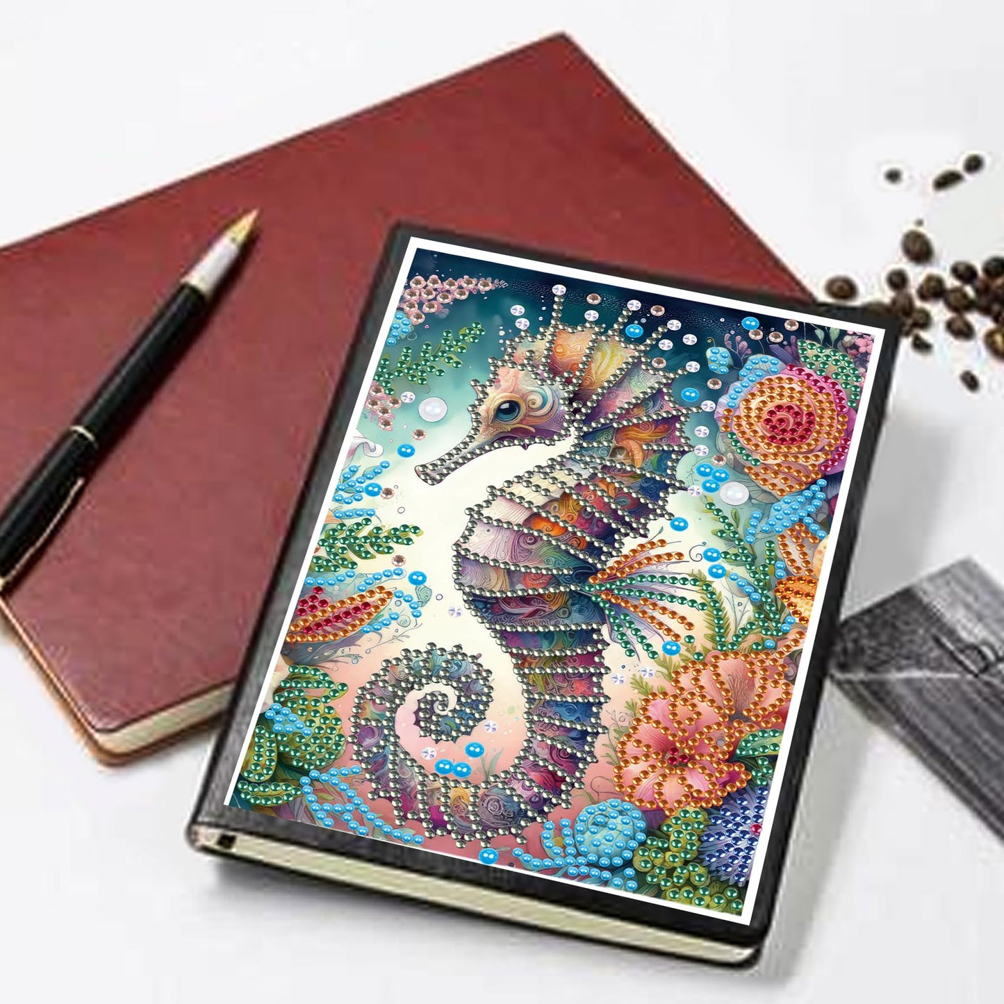 JISHSHAY Diamond Art Notebook Journal Diamond Painting Note Book Gem Art Sketchbook Gem Painting Diary Mosaic Kits for Adults Blank Notebook with Special Shaped 14.5×21cm/5.7×8.26in Sea Horse