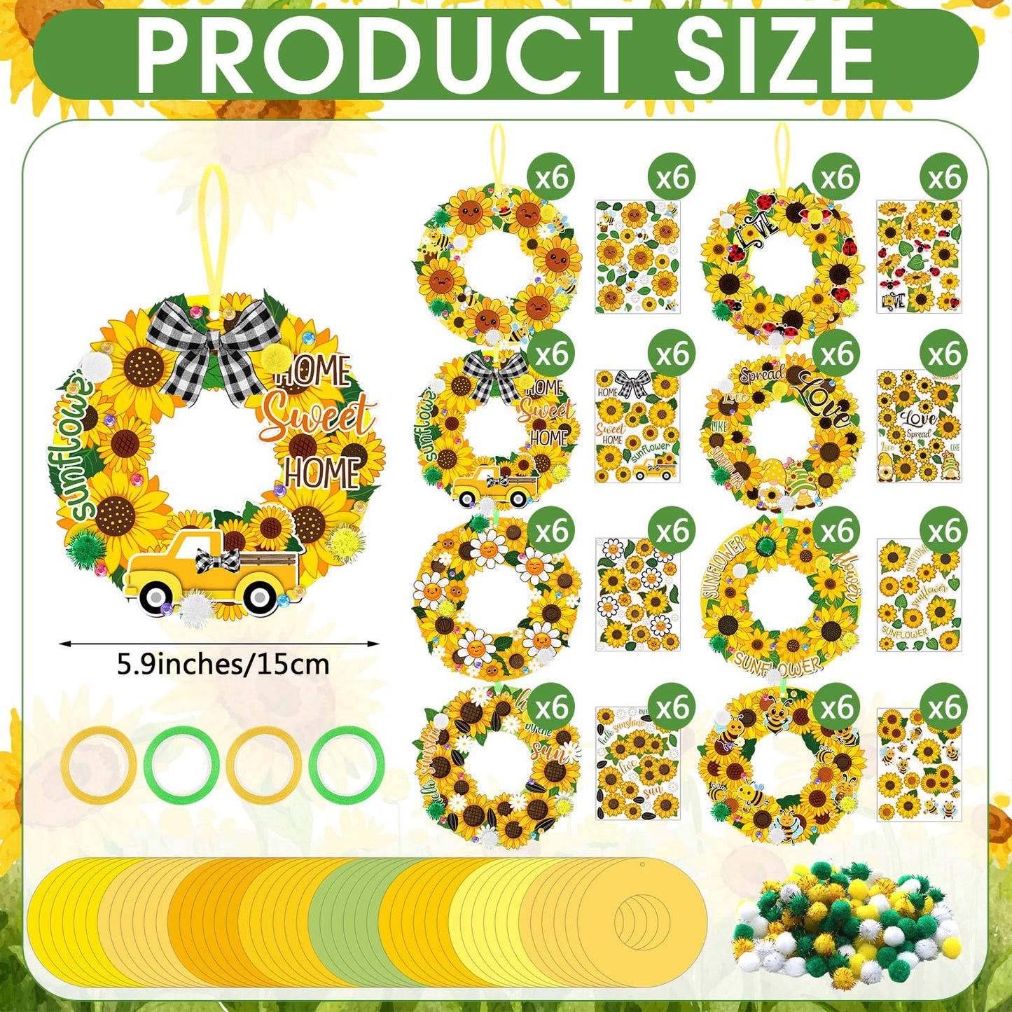 Hollowfly 48 Sets Sunflower Craft Kits DIY Spring Wreath Hanging Ornaments Make Your Own Paper Summer Craft with Bee Daisy Stickers for Home Summer Activities Party Decor