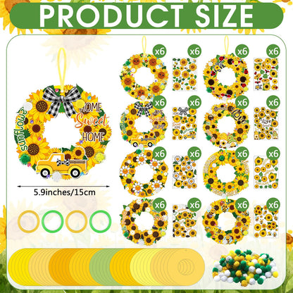 Hollowfly 48 Sets Sunflower Craft Kits DIY Spring Wreath Hanging Ornaments Make Your Own Paper Summer Craft with Bee Daisy Stickers for Home Summer Activities Party Decor