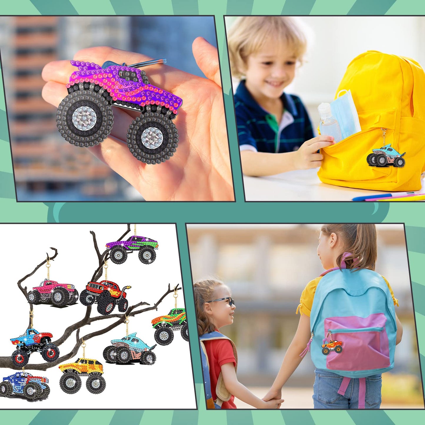 Thinkday 12 Pcs Trucks Diamond Art Kits for Kids Painting Keychainsdiy 5d Acrylic Truck Diamond Art Key Chains for Adults Vehicle Rhinestone Hanging Pendants for Beginners Bags
