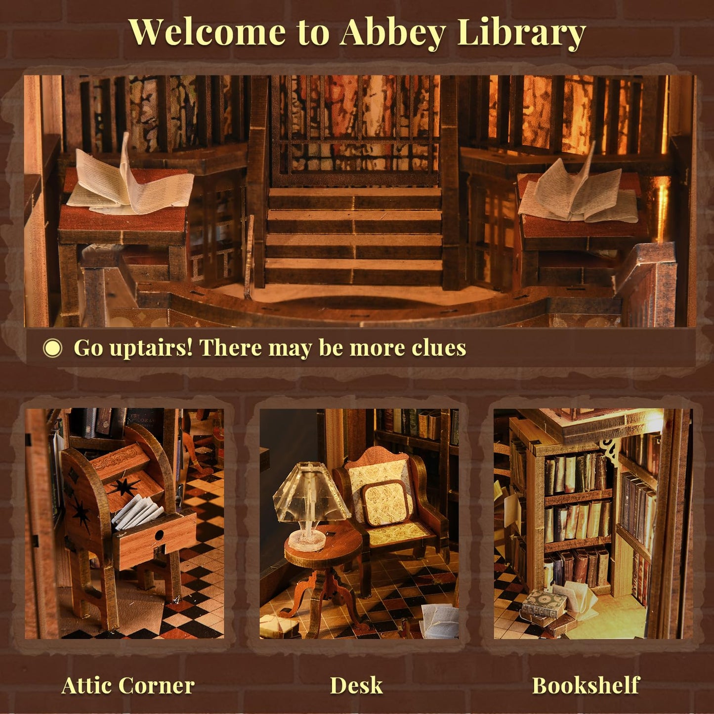 MiniCity Book Nook Kit, DIY Miniature Dollhouse Booknook Kit, 3D Wooden Puzzle Bookend Bookshelf Insert Decor with LED Light for Teens and Adults (Abbey Library)
