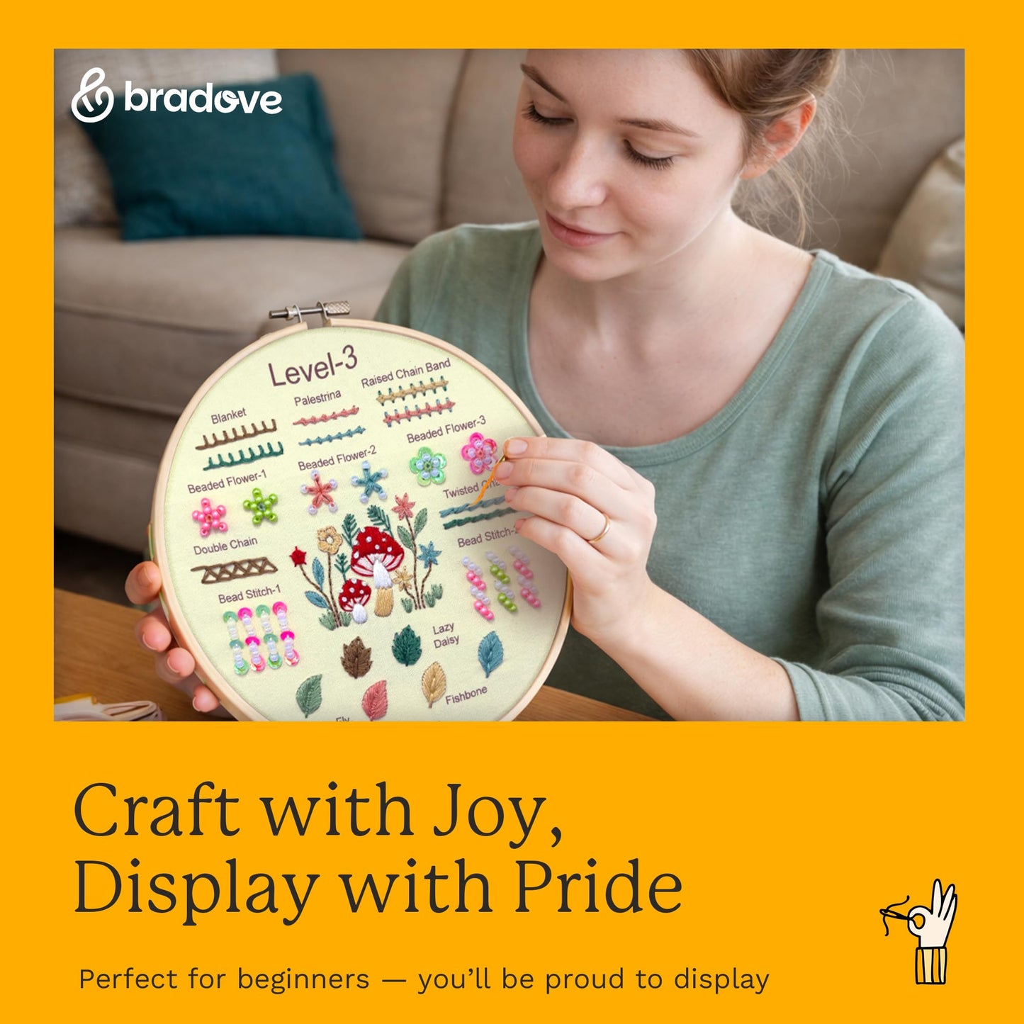 Bradove Beginner Embroidery Kit for Adults Kids, Learn to Embroider 37 Stitches and 13 Cute Patterns, Beginner Embroidery Practice