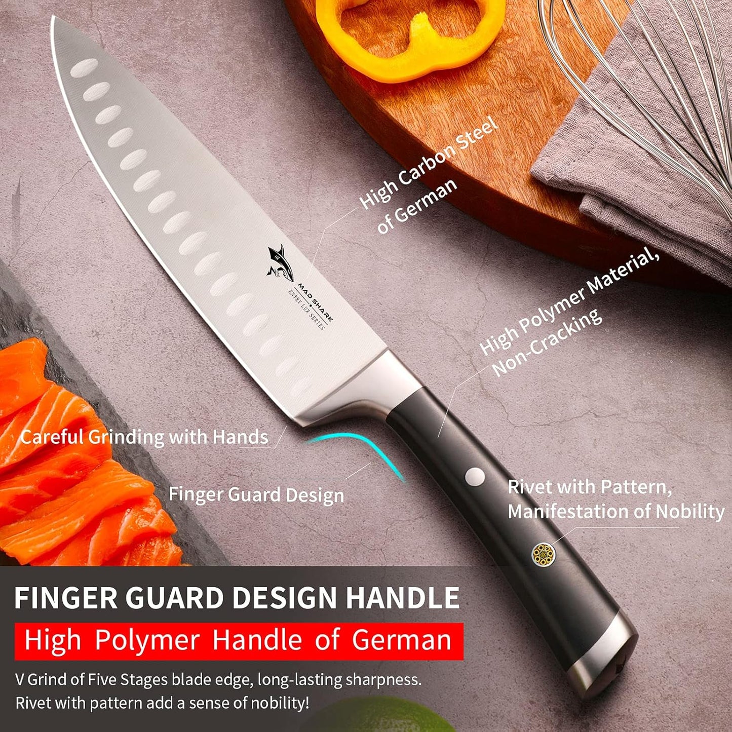 MAD SHARK 8-inch Kitchen Knife, Chef's Santoku Knife, German High Carbon Stainless Steel, Super Sharp with Gift Box