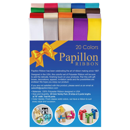 PAPILLON 20 Pack 7/8” x 2 Yards - Rainbow Ribbon Double Face Satin for Gift Wrapping, Birthday, Party, Decorations, Crafts, Sewing, Bow Making – Total 40 Yards