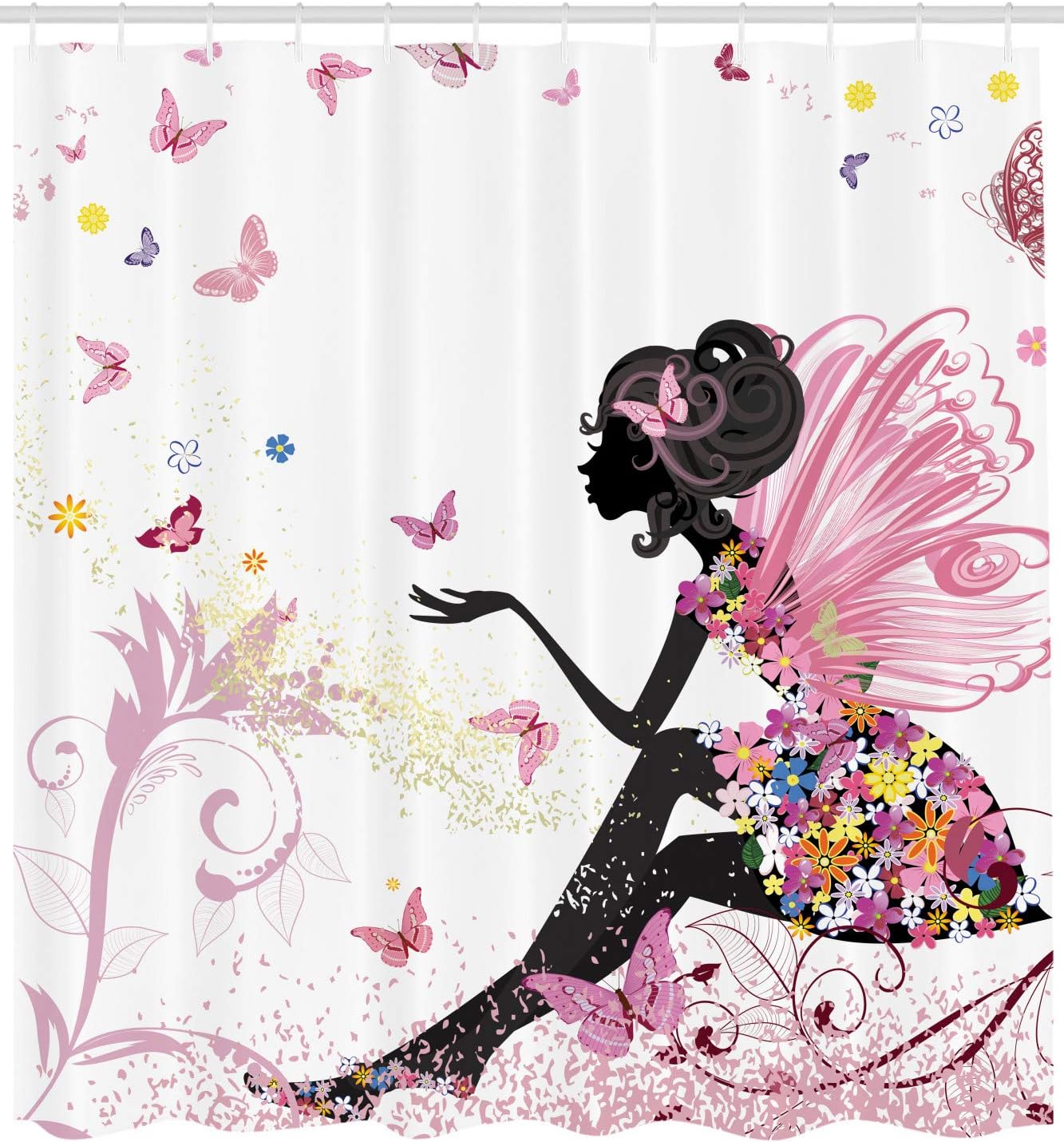 Ambesonne Girls Shower Curtain, Pink Butterfly Girl with Floral Dress, Fabric Bathroom Decor Set, 84 Inches
