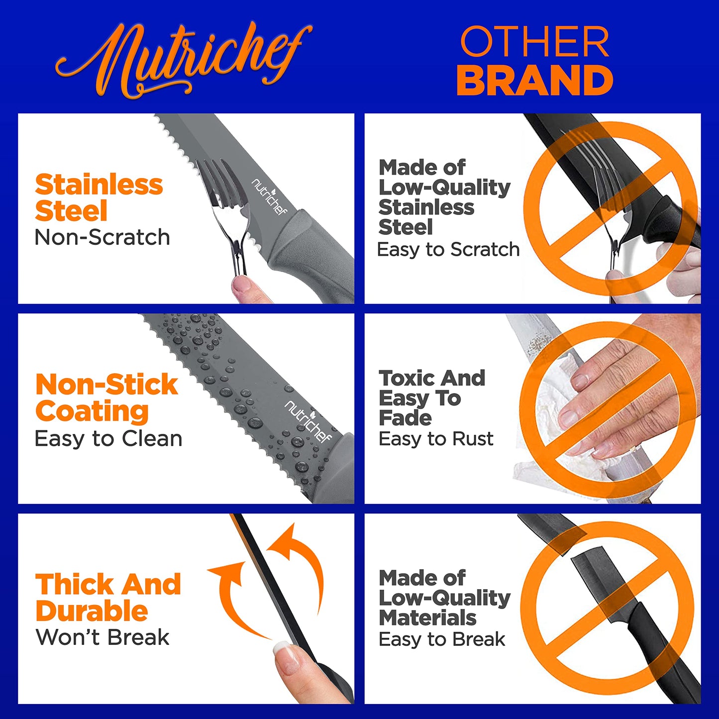 SereneLife Stainless Steel Knife Set, 8 Pcs. - Non-Stick Coating, Sharp Serrated Blades, Professional Kitchen Set, Rust-Resistant, Dishwasher Safe, Ideal for BBQ & Grilling, Gray