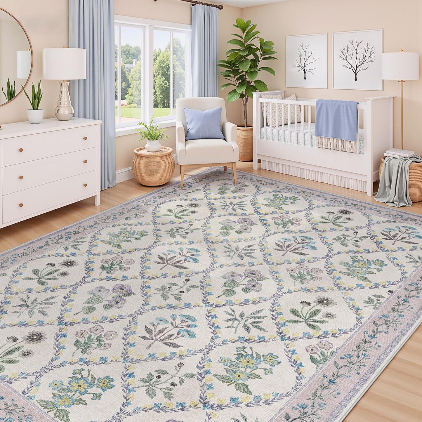 5x7 Purple Rug for Girls Room, Washable Boho Floral Area Rugs for Living Room, Cute Ultra-Thin Non Slip Indoor Girls