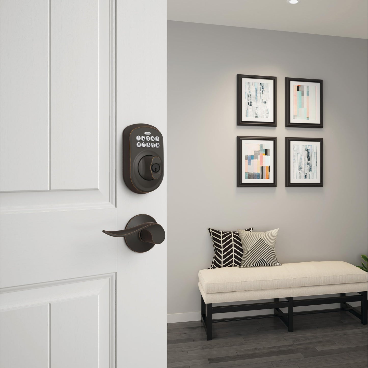 Schlage BE365 PLY 716 Plymouth Keypad Deadbolt, Electronic Keyless Entry Lock, Aged Bronze