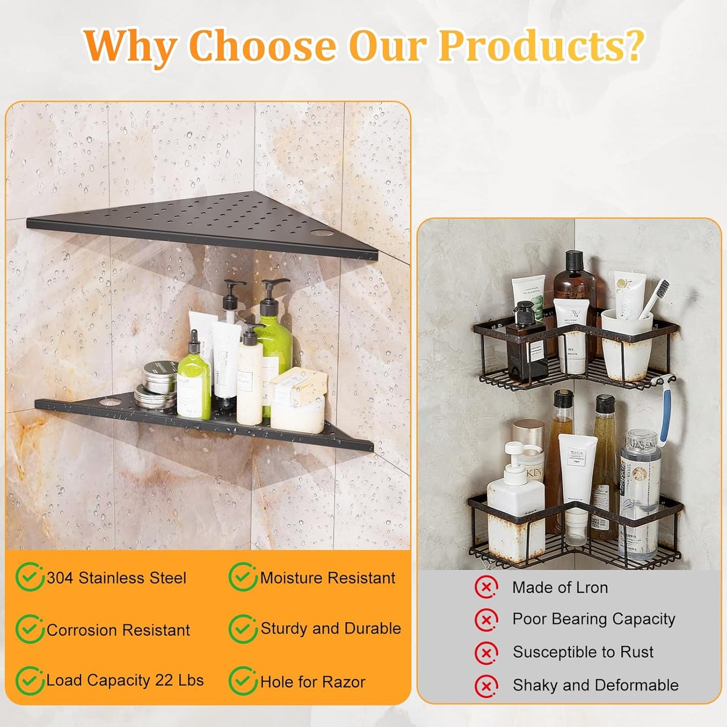 mivndeeopu 2-Pcs, 10 304 Corner Shower Shelves Rustproof Stainless Steel Shower Corner Shelf with Razor Holder