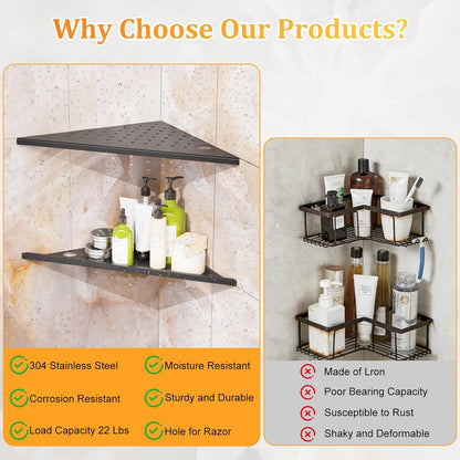 mivndeeopu 2-Pcs, 10 304 Corner Shower Shelves Rustproof Stainless Steel Shower Corner Shelf with Razor Holder