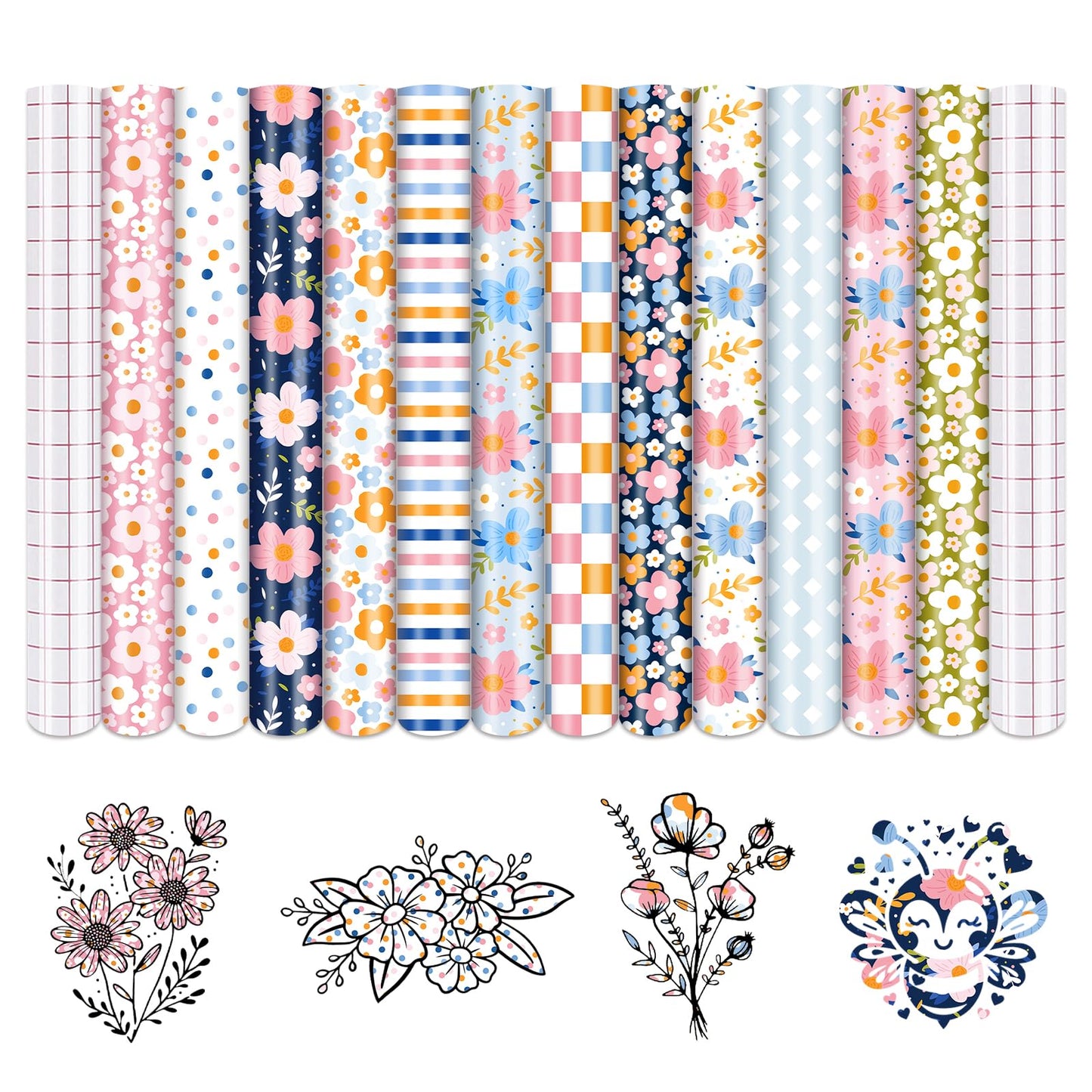 Tintnut Boho Permanent Adhesive Vinyl-12 Sheets 12"x10" Candy and Flowers Pattern Self Adhesive Vinyl Candy Boho Permanent Vinyl for DIY