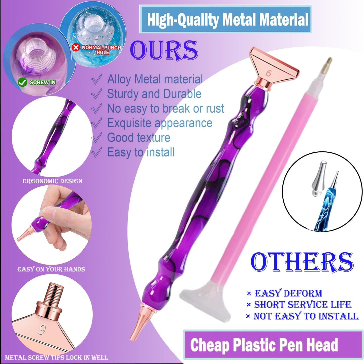 jecxucci Diamond Painting Art Drill Bead Dot Pen Kit with 6pcs Stainless Steel Tips, 6 Glue Clays, Diamond Art Roller and 50Pcs Cleaner Paper, 5D Diamond Painting Trays Sticky Pad (Purple + Rose Red)