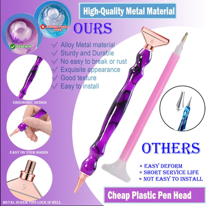 jecxucci Diamond Painting Art Drill Bead Dot Pen Kit with 6pcs Stainless Steel Tips, 6 Glue Clays, Diamond Art Roller and 50Pcs Cleaner Paper, 5D Diamond Painting Trays Sticky Pad (Purple + Rose Red)
