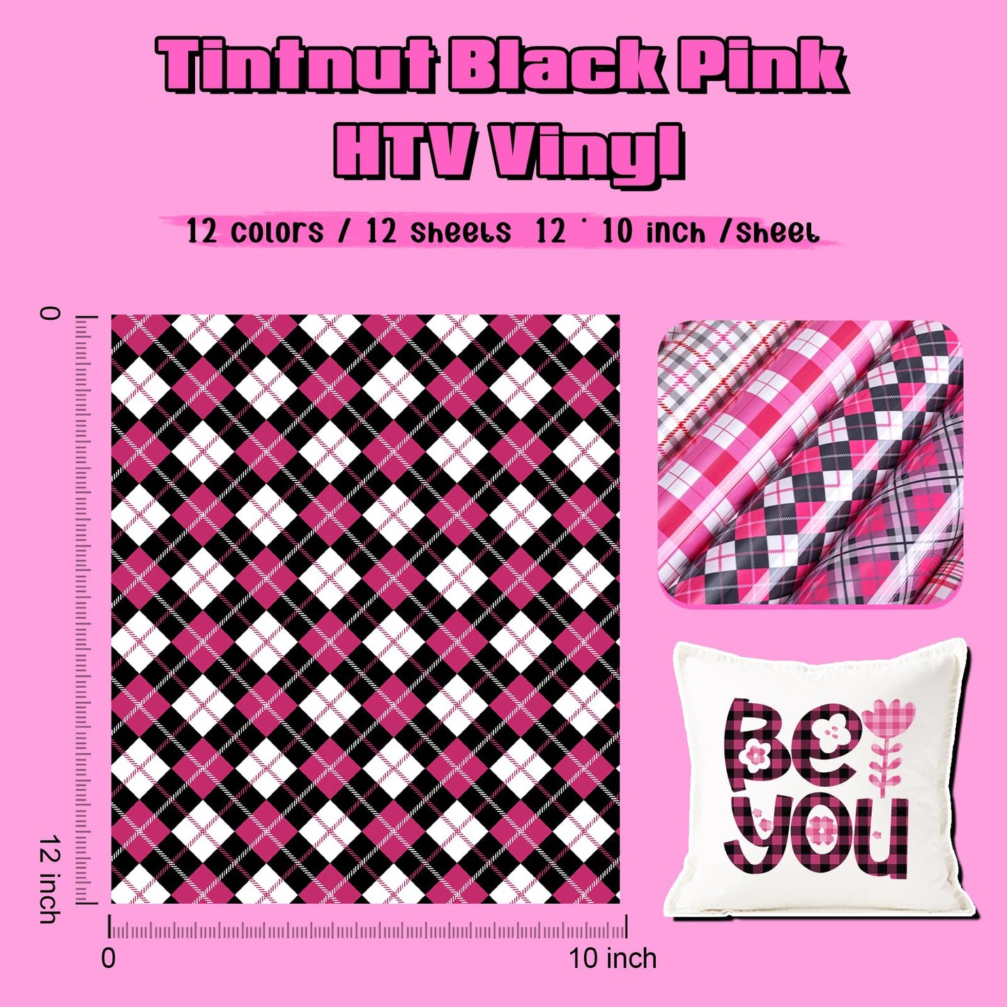 Tintnut Plaid Heat Transfer Vinyl, 12 Sheets 12''x10'' Black Pink Plaid Patterned Iron on Vinyl for DIY Apparel, Bags and Craft Projects