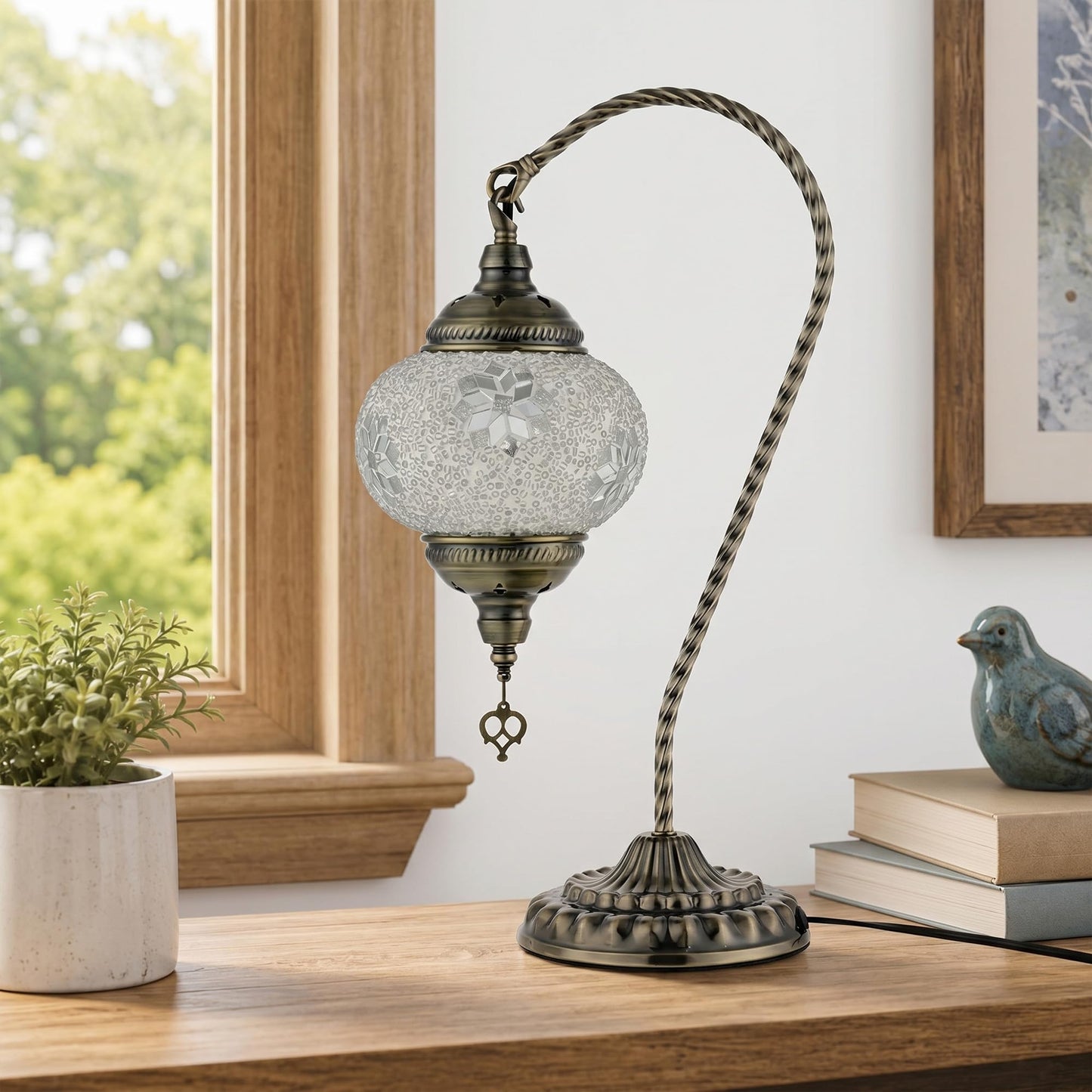 GOGERS Swan Neck Turkish Moroccan Lamp Handmade Stained Mosaic Glass Vintage Lamp Shade Bohemian Tiffany Style Bedside Night Lamp Lighting for Bedroom Living Room (White2)