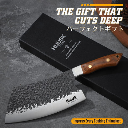 Huusk Cleaver Knife 7 inch - Hand Forged Butcher Knife for Meat Cutting, Japanese Chopping Knives, High Carbon Steel Vegetable Meat Cleaver for BBQ, Camping, Christmas Gifts for Men Women