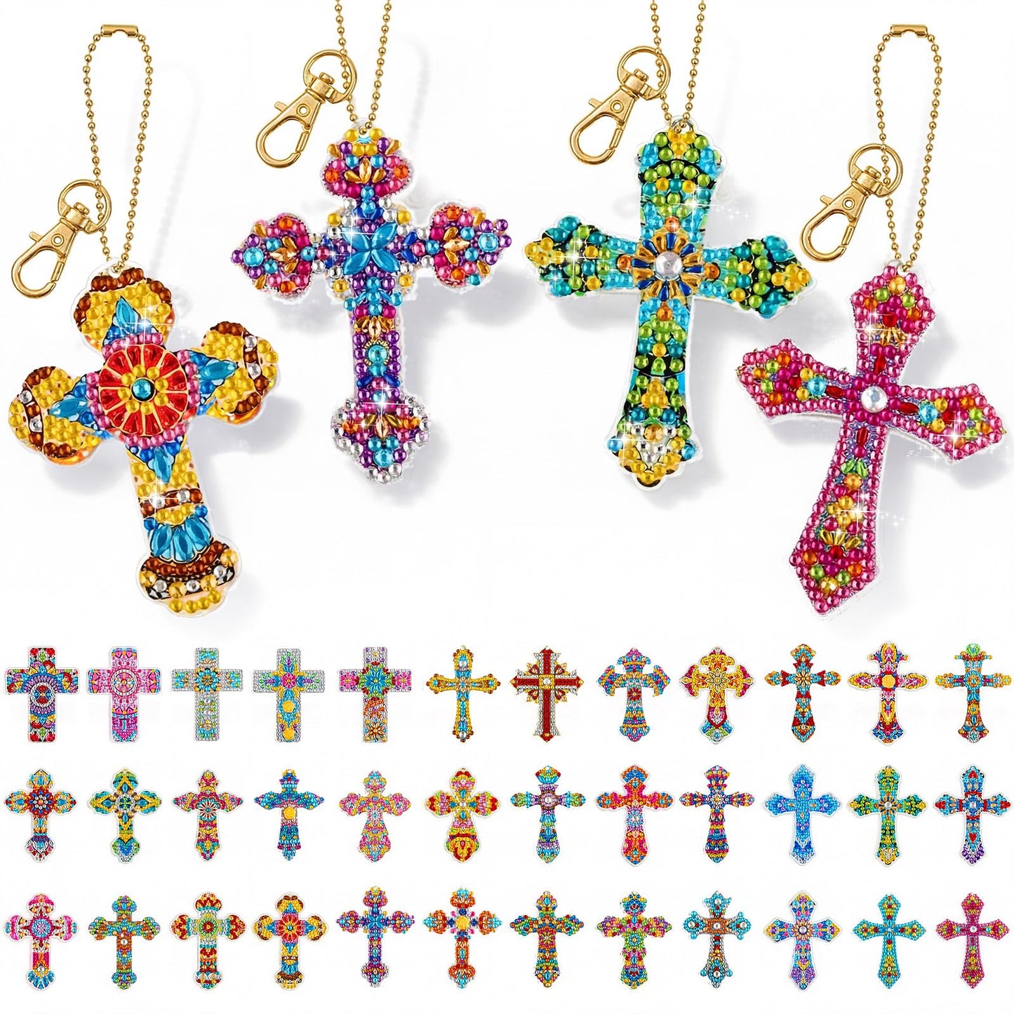 Sureio 36 Pcs Cross Diamond Painting Keychains 5d Double Sided Cross Shaped Diamond Art Keychains for DIY Adults Crafts Home Decor Gift Party Favors