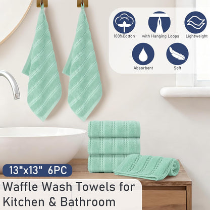 6PC (13"x13"), 100% Set VOOVA & MOVAS Waffle Mint Green Washcloth Cotton, Soft, Absorb & Lightweight, Quick Dry, Waffle