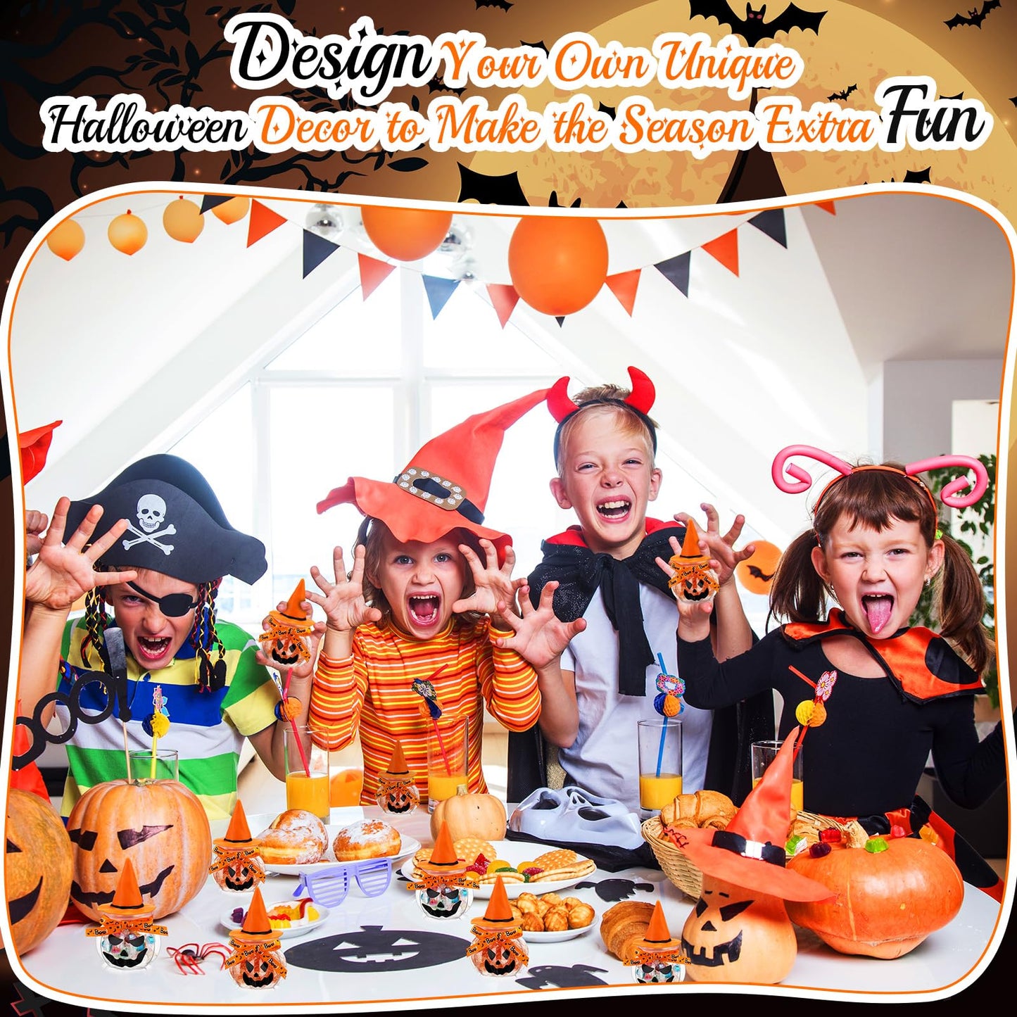 Acellegic 16 Sets Halloween Pumpkin Candy Jars Halloween DIY Craft Pumpkin Party Favors Trick or Treat Kit Plastic Cookie Candy Jars with Lids Witch Hat Stickers Mesh Ribbon Glue Decoration(Orange)