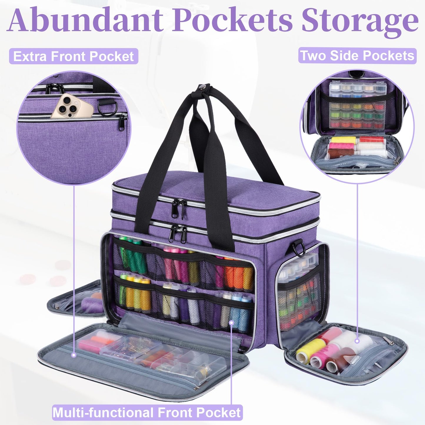 Anitor Large Sewing Supplies Organizer, Double Layer Sewing Storage Organizer with Two Detachable Dividers, Travel Sewing Bag Organizer with Shoulder Strap for Accessories, Purple, (Bag Only)