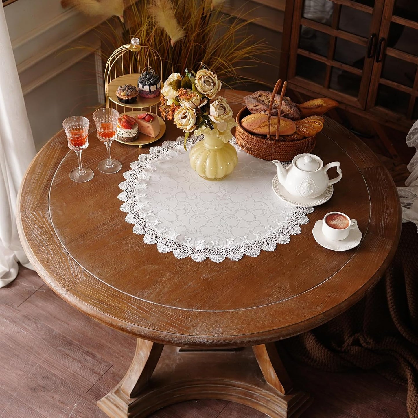 24 Inches Lace Elegant White Jacquard Round Doily Tablecloth Small Overlay Table Topper Dresser Scarf for Home Kitchen