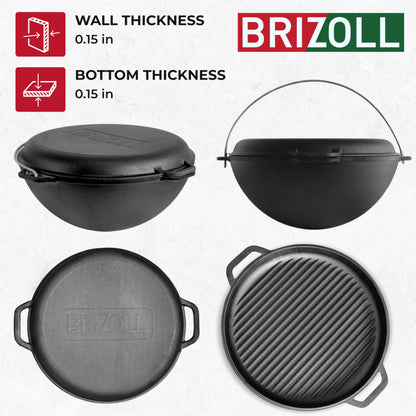 Camping Dutch Oven Pot with Grill Lid Brizoll 15.85 Quarts (15 L) - Cast Iron Cookware Set - Kazan for Plov - Uzbek Kazan Cast Iron - Premium Camping Cookware - Asian Cauldron - Dutch Oven With Frying Pan Lid