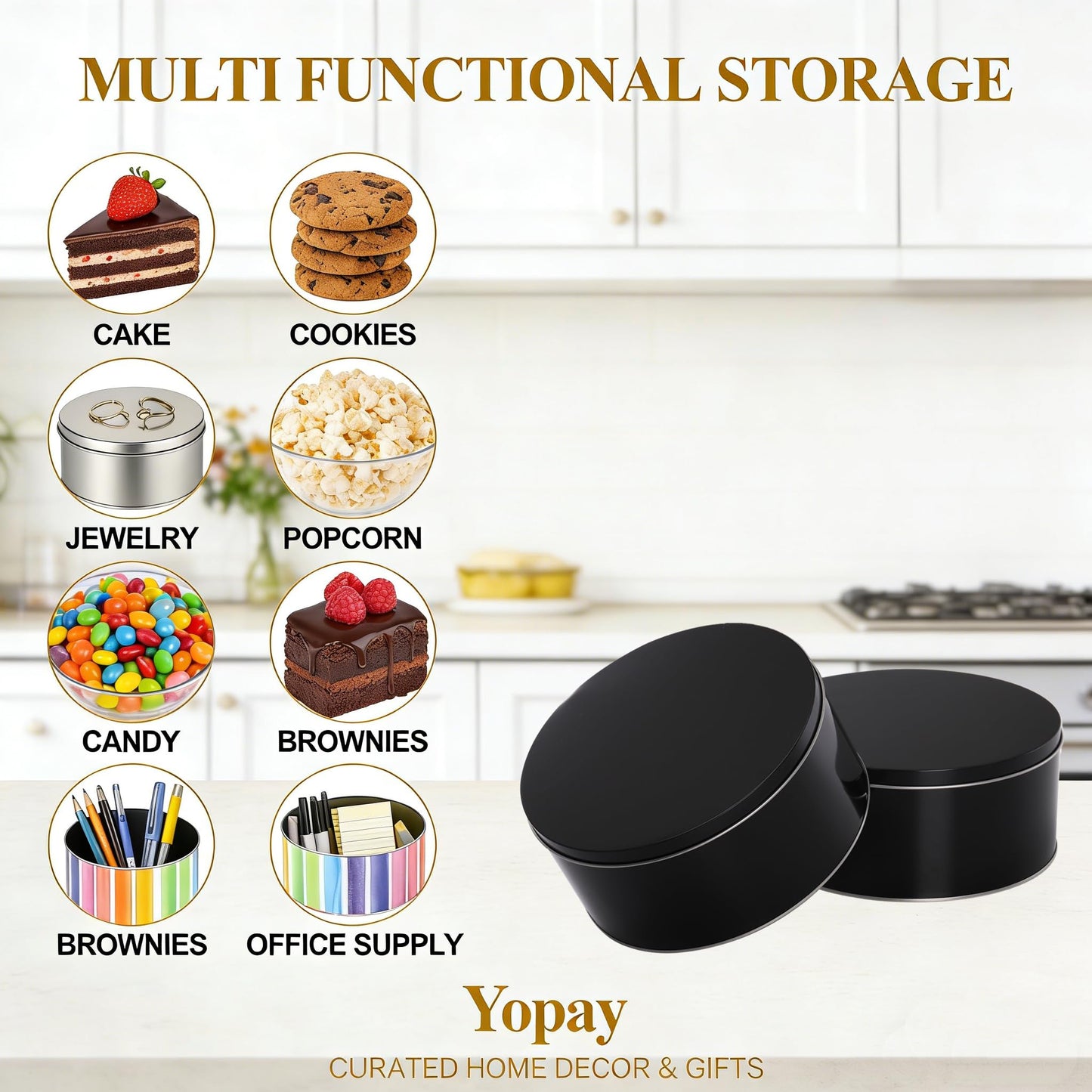 Yopay 3 Pack Cookie Tin with Lid, Round Gift Tin, Black Baking Cake Container for Storing Patisseries, Snack, Chocolate, Easter, Special Occasion, Holidays, 7" Wide by 3.2" Tall