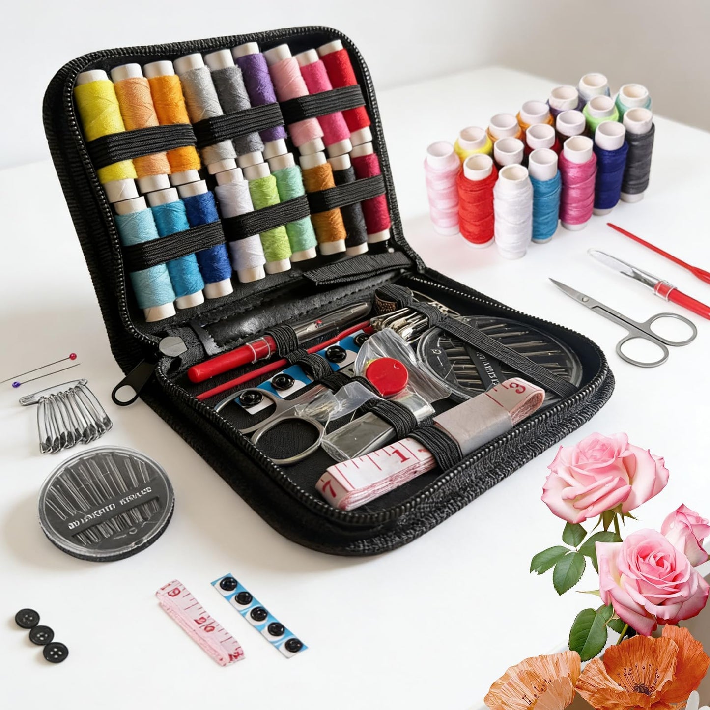 trumpisame DIY Embroidery Stitch Practice Book Kit - Learn 106 Stitches Manual, 86Pcs Complete Starter Set with Magnifier, Metal Thimble, Pre-Printed Linen Pages&106 Floral Patterns