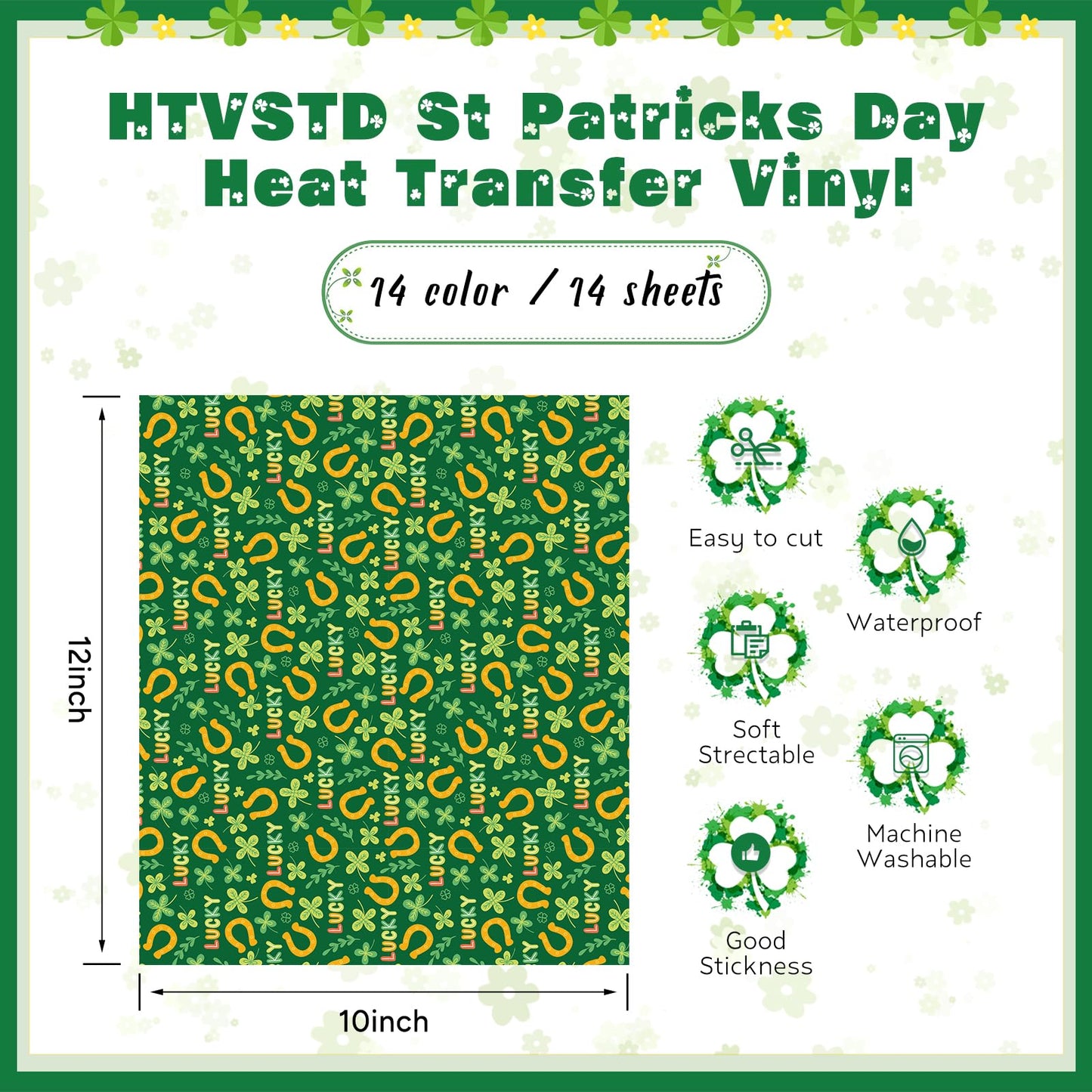 HTVSTD Classic Four Leaf Clover Heat Transfer Vinyl - 14 Sheets 12'' x 10'' Lucky Clover HTV for DIY Crafts, St. Patrick's Day, Irish Pride