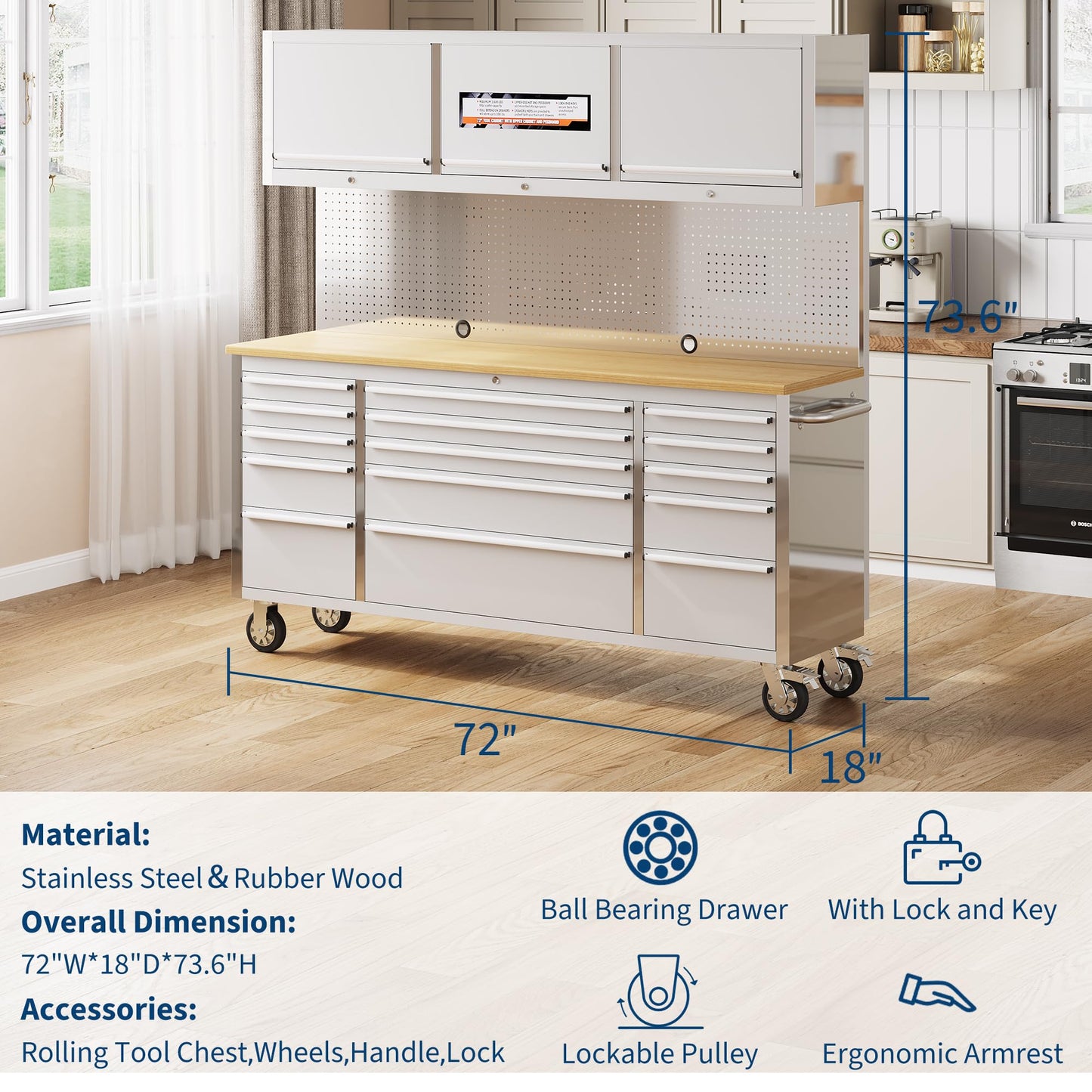 EliteEdge 72" Heavy-Duty Rolling Tool Chest & Workbench | 15-Drawer Mobile Tool Cabinet with 3 Top Lockers, Lockable Wheels & Key Lock | for Professional Garage & Workshop Storage