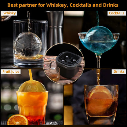 PushGoGo Clear Ice Ball Maker,Four Large 2.4" Crystal Clear Ice Balls for Whiskey, Cocktails, Bourbon,4-Cavity BPA-Free Silicone Easy Remove Ice Sphere Molds with Storage Bag,Stamp